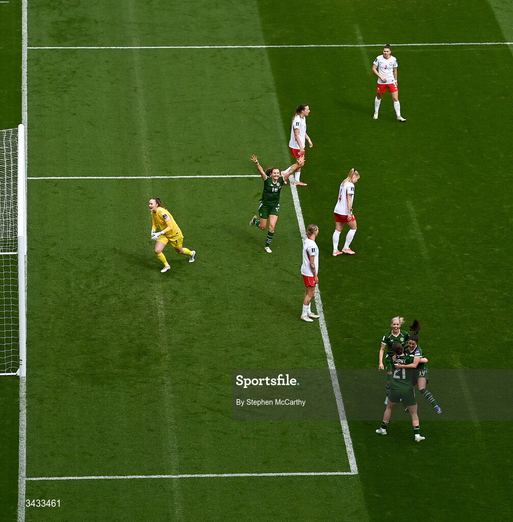 18 April 2026; Republic of Ireland players celebrates their goal, scored by Marissa Sheva, bottom right, during the 2027 FIFA Women’s World Cup Qualifier match between Republic of Ireland and Poland at the Aviva Stadium in Dublin. Photo by Stephen McCarthy/Sportsfile