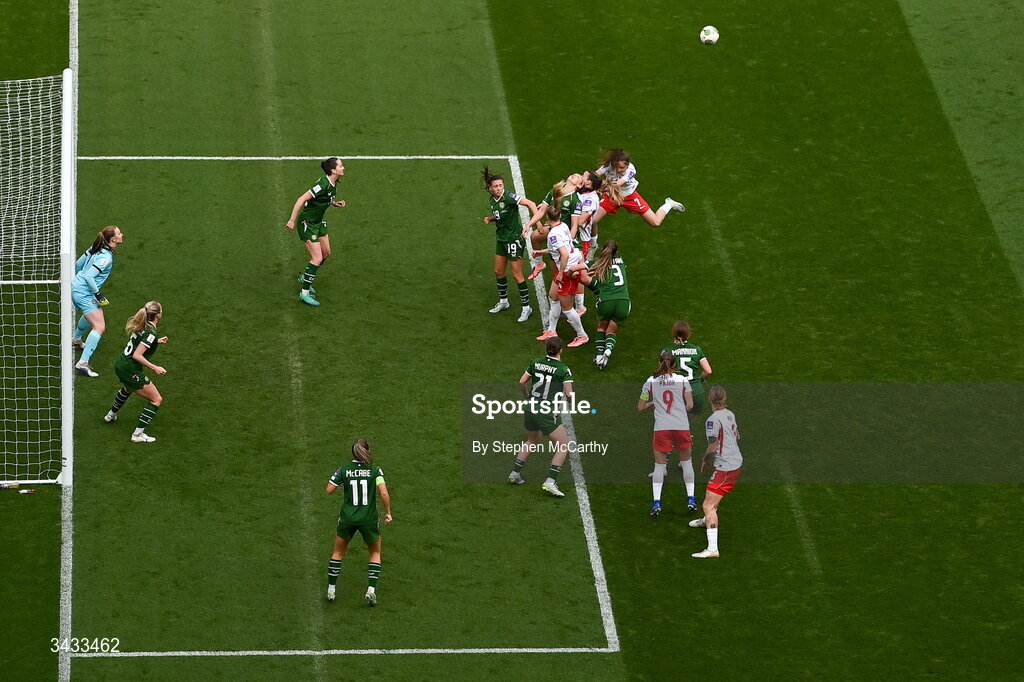 18 April 2026; A general view of the action as Republic of Ireland players defend their goal during the 2027 FIFA Women’s World Cup Qualifier match between Republic of Ireland and Poland at the Aviva Stadium in Dublin. Photo by Stephen McCarthy/Sportsfile