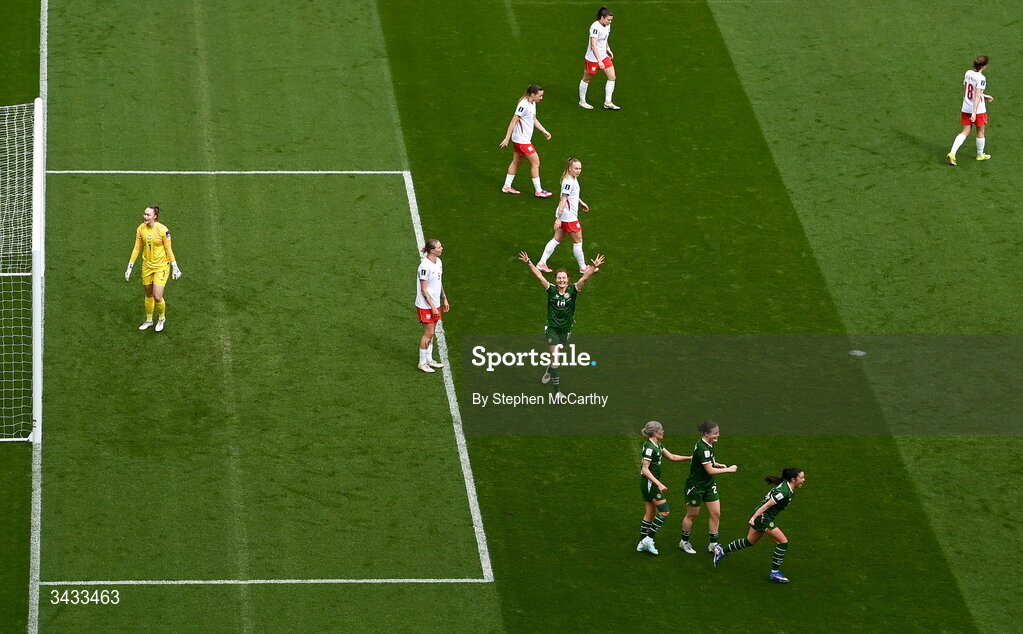 18 April 2026; Republic of Ireland players celebrates their goal, scored by Marissa Sheva, bottom right, during the 2027 FIFA Women’s World Cup Qualifier match between Republic of Ireland and Poland at the Aviva Stadium in Dublin. Photo by Stephen McCarthy/Sportsfile