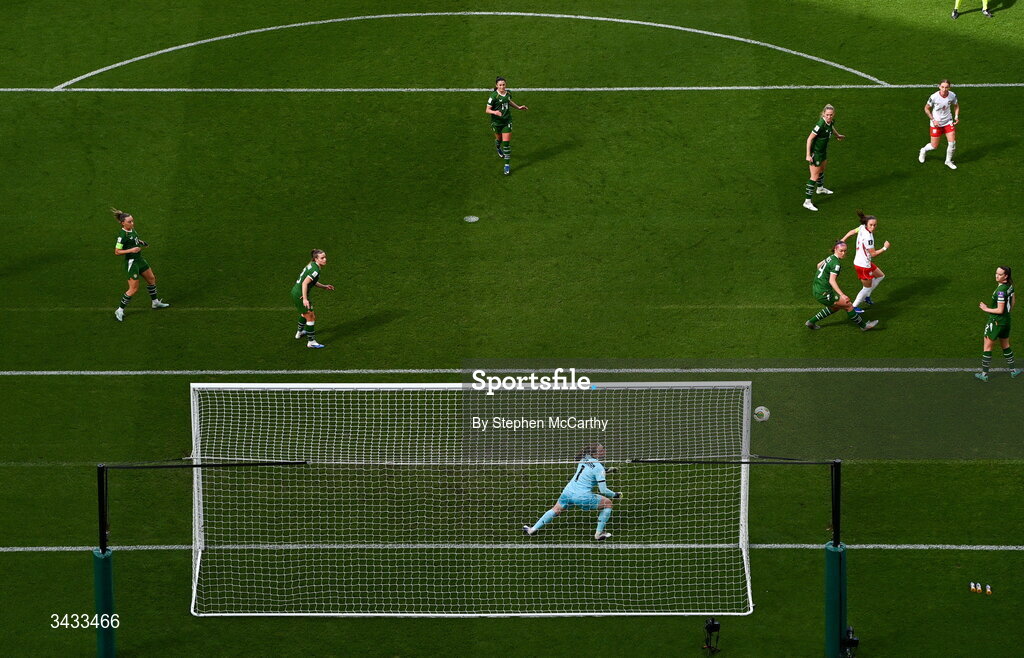 18 April 2026; Ewa Pajor of Poland watches her shot on goal go wide of the post during the 2027 FIFA Women’s World Cup Qualifier match between Republic of Ireland and Poland at the Aviva Stadium in Dublin. Photo by Stephen McCarthy/Sportsfile