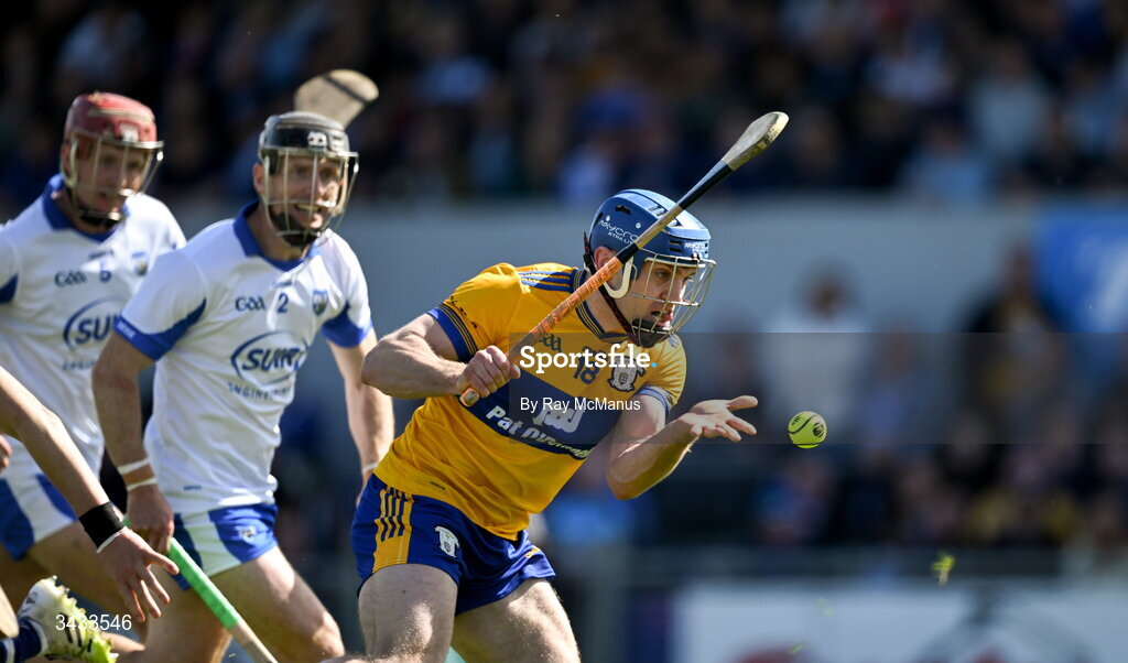 19 April 2026; Shane O'Donnell of Clare fires a shot on goal during the Munster GAA Senior Hurling Championship Round 1 match between Clare and Waterford at Zimmer Biomet Páirc Chíosóg in Ennis, Clare. Photo by Ray McManus/Sportsfile