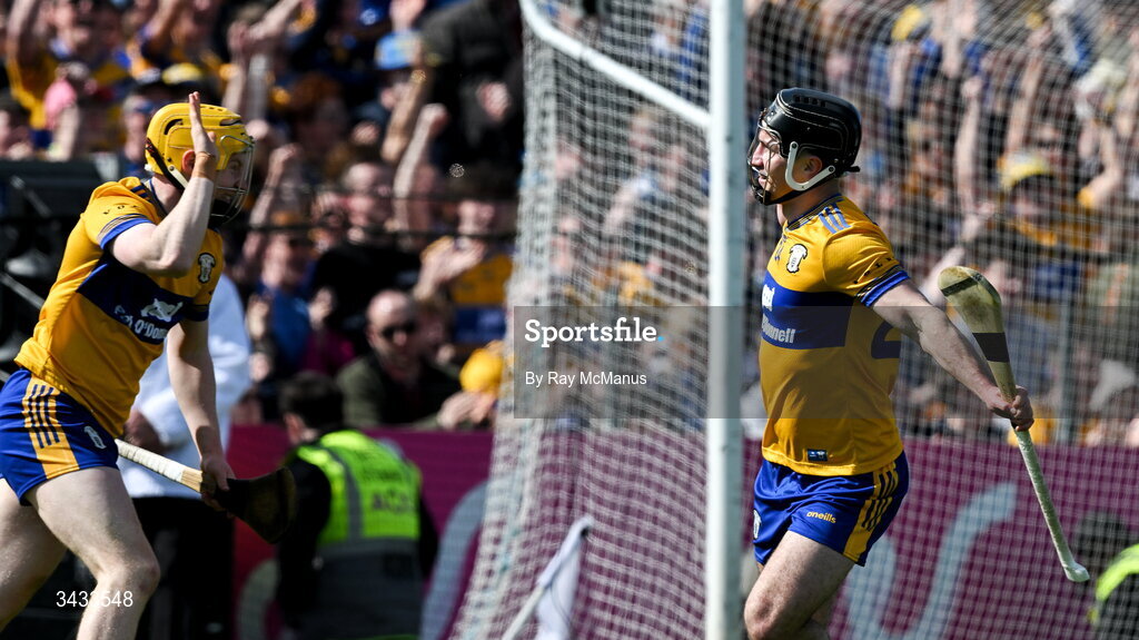 19 April 2026; Ian Galvin of Clare congratulates goal scorer Shane Meehan, left, during the Munster GAA Senior Hurling Championship Round 1 match between Clare and Waterford at Zimmer Biomet Páirc Chíosóg in Ennis, Clare. Photo by Ray McManus/Sportsfile