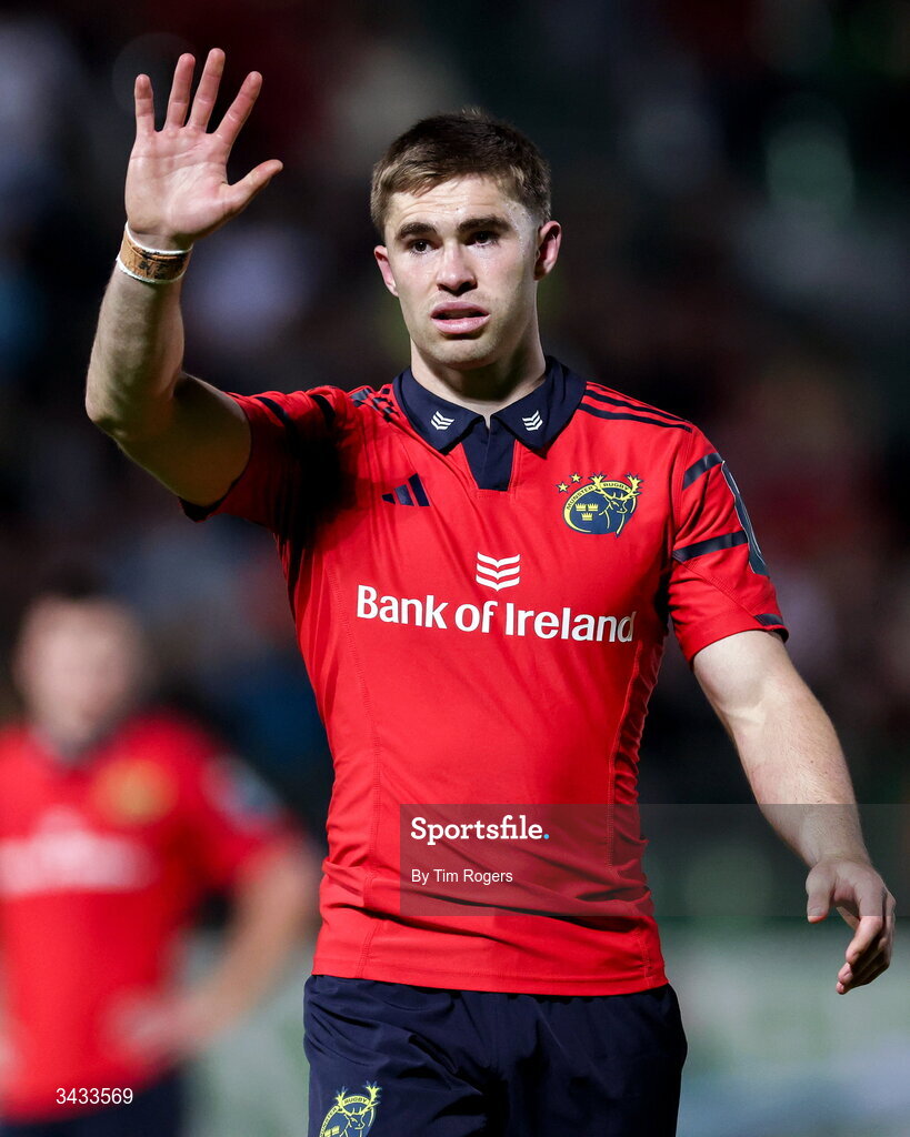 18 April 2026; Jack Crowley of Munster during the United Rugby Championship match between Benetton and Munster at Stadio Monigo in Treviso, Italy. Photo by Tim Rogers/Sportsfile