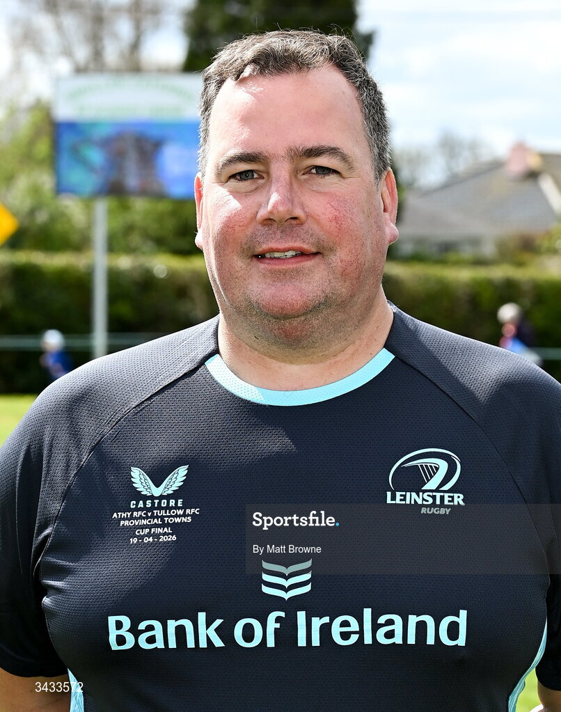 19 April 2026; Match official James Fagan before the Bank of Ireland Provincial Towns Cup Final match between Athy RFC and Tullow RFC at Edenderry RFC in Edenderry, Offaly. Photo by Matt Browne/Sportsfile