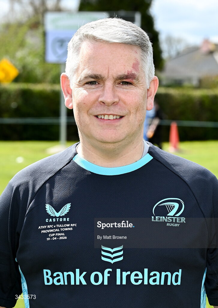 19 April 2026; Match official Niall O'Shea before the Bank of Ireland Provincial Towns Cup Final match between Athy RFC and Tullow RFC at Edenderry RFC in Edenderry, Offaly. Photo by Matt Browne/Sportsfile