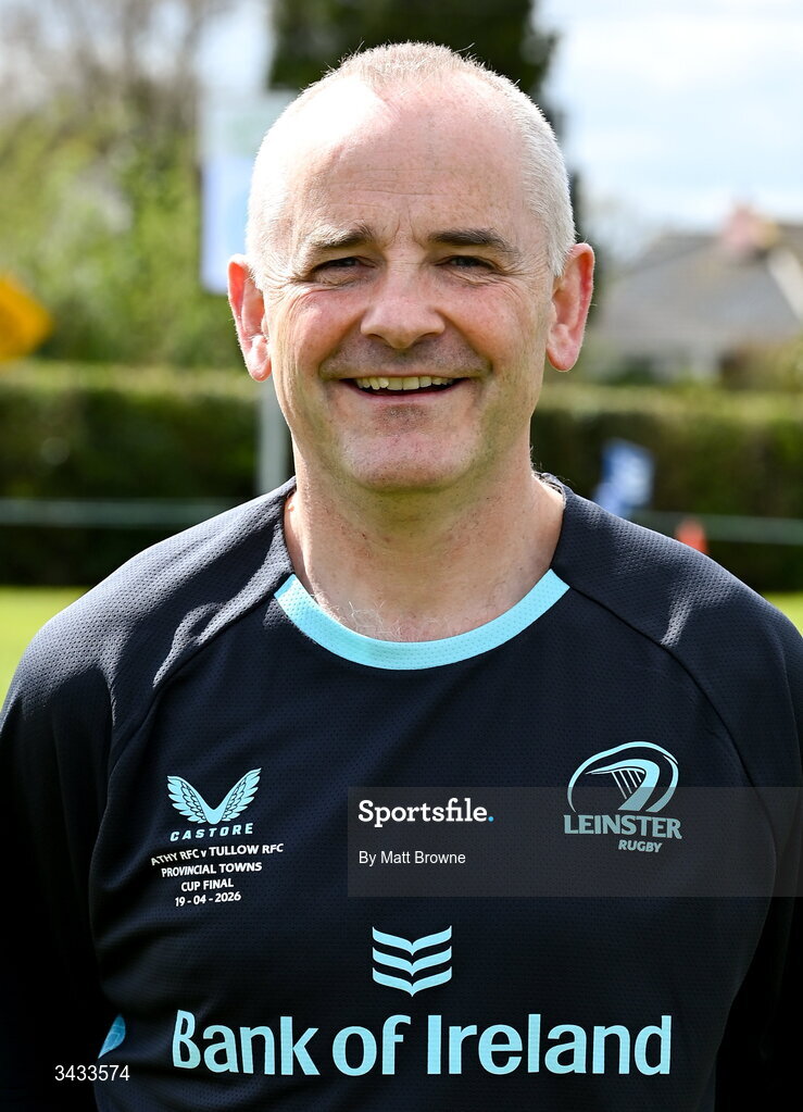 19 April 2026; Referee Ken McDonald before the Bank of Ireland Provincial Towns Cup Final match between Athy RFC and Tullow RFC at Edenderry RFC in Edenderry, Offaly. Photo by Matt Browne/Sportsfile