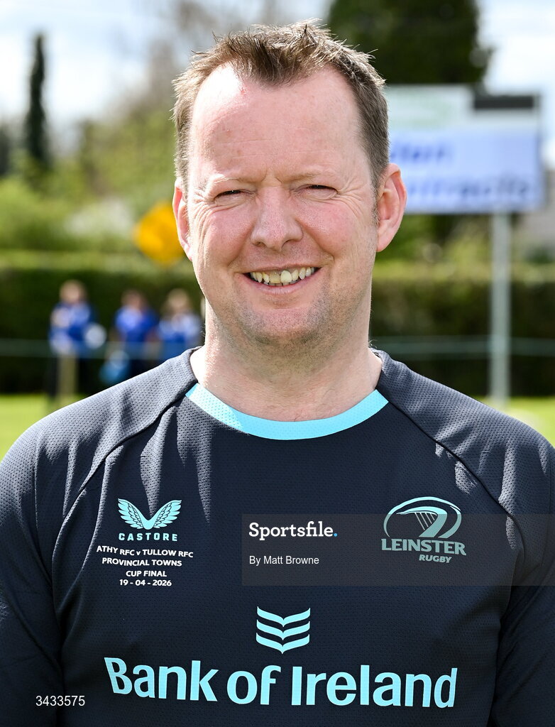 19 April 2026; Match official Robbie O'Flynn before the Bank of Ireland Provincial Towns Cup Final match between Athy RFC and Tullow RFC at Edenderry RFC in Edenderry, Offaly. Photo by Matt Browne/Sportsfile
