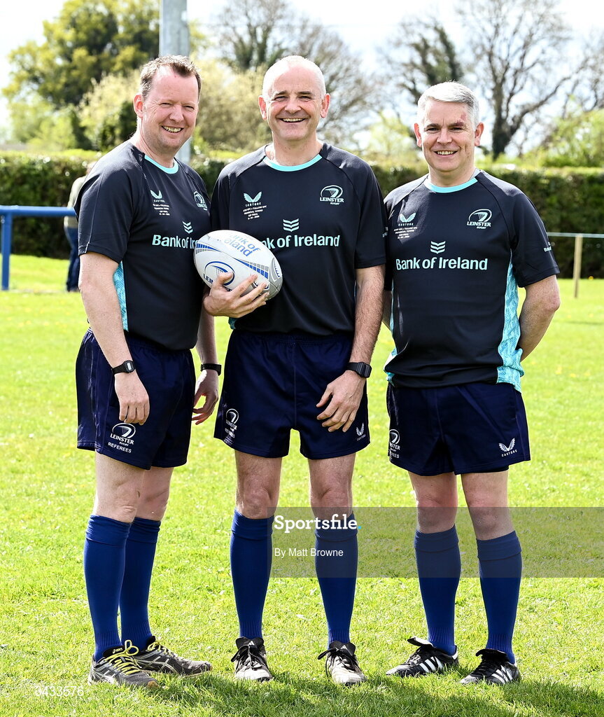 19 April 2026; Referee Ken McDonald with match official's Robbie O'Flynn, left and Niall O'Shea before the Bank of Ireland Provincial Towns Cup Final match between Athy RFC and Tullow RFC at Edenderry RFC in Edenderry, Offaly. Photo by Matt Browne/Sportsfile