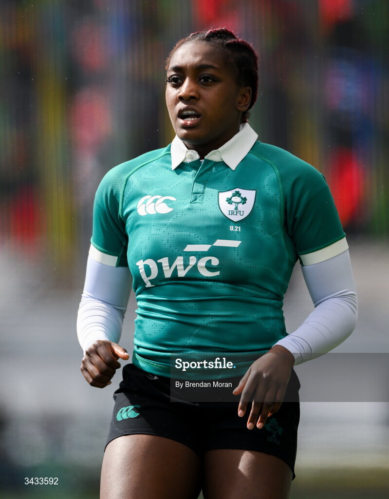 18 April 2026; Chisom Ugwueru of Ireland during the Women's U21 Six Nations Series match between Ireland and Italy at Dexcom Stadium in Galway. Photo by Brendan Moran/Sportsfile