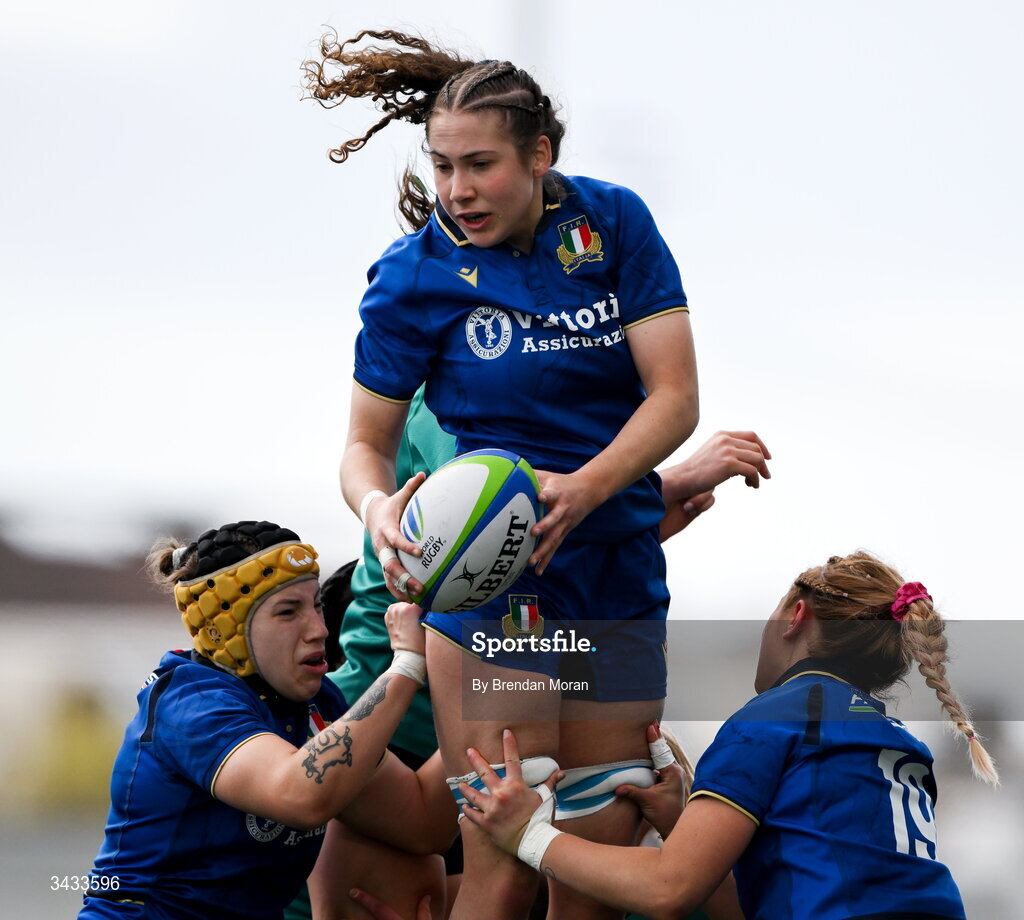 18 April 2026; Greta Copat of Italy during the Women's U21 Six Nations Series match between Ireland and Italy at Dexcom Stadium in Galway. Photo by Brendan Moran/Sportsfile
