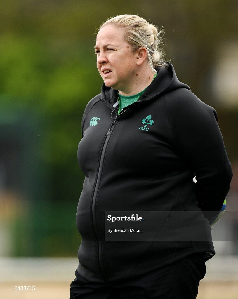 18 April 2026; Ireland head coach Niamh Briggs before the Women's U21 Six Nations Series match between Ireland and Italy at Dexcom Stadium in Galway. Photo by Brendan Moran/Sportsfile