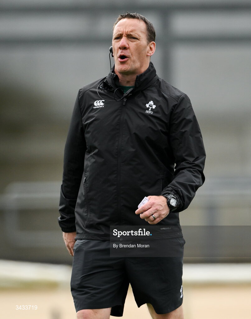 18 April 2026; Ireland athletic development coach Adrian Pilkington before the Women's U21 Six Nations Series match between Ireland and Italy at Dexcom Stadium in Galway. Photo by Brendan Moran/Sportsfile