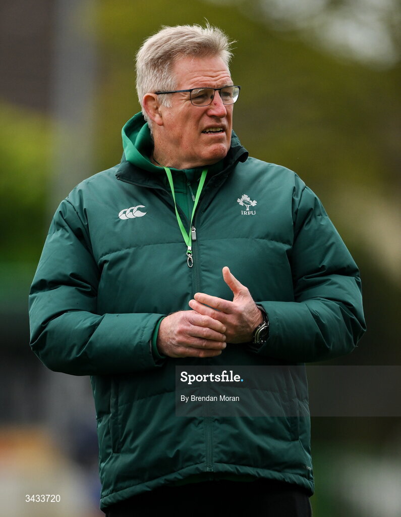 18 April 2026; Ireland coach John McKee before the Women's U21 Six Nations Series match between Ireland and Italy at Dexcom Stadium in Galway. Photo by Brendan Moran/Sportsfile