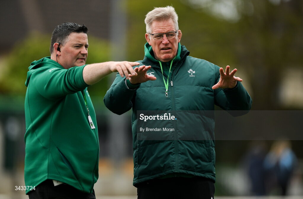 18 April 2026; Ireland defence and forwards coach JP Walsh, left, and coach John McKee before the Women's U21 Six Nations Series match between Ireland and Italy at Dexcom Stadium in Galway. Photo by Brendan Moran/Sportsfile