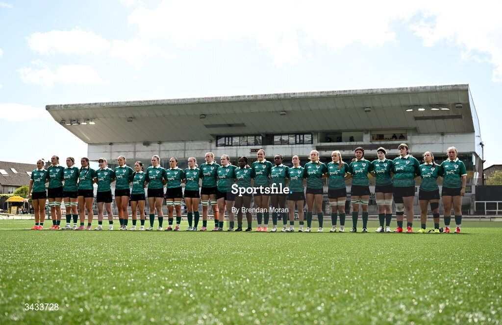 18 April 2026; The Ireland team stand for the national anthem before the Women's U21 Six Nations Series match between Ireland and Italy at Dexcom Stadium in Galway. Photo by Brendan Moran/Sportsfile