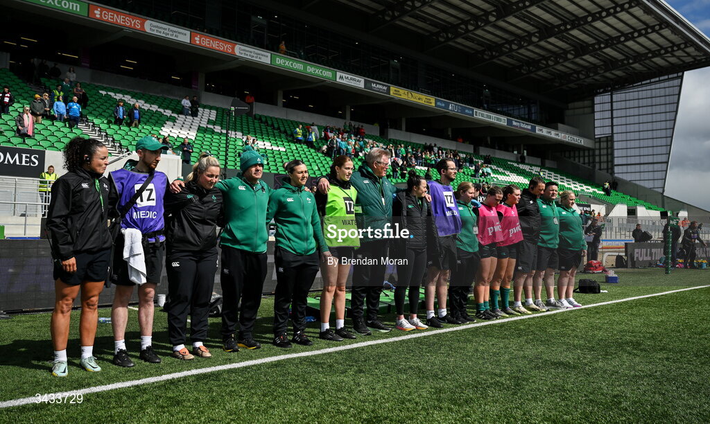 18 April 2026; The Ireland backroom staff stand for the national anthem before the Women's U21 Six Nations Series match between Ireland and Italy at Dexcom Stadium in Galway. Photo by Brendan Moran/Sportsfile