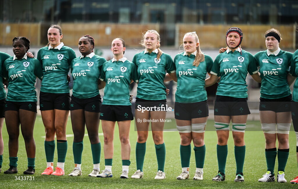 18 April 2026; Ireland players stand for the national anthem before the Women's U21 Six Nations Series match between Ireland and Italy at Dexcom Stadium in Galway. Photo by Brendan Moran/Sportsfile