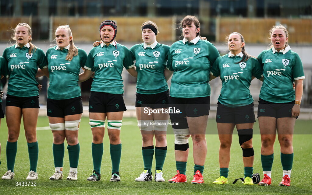 18 April 2026; Ireland players stand for the national anthem before the Women's U21 Six Nations Series match between Ireland and Italy at Dexcom Stadium in Galway. Photo by Brendan Moran/Sportsfile