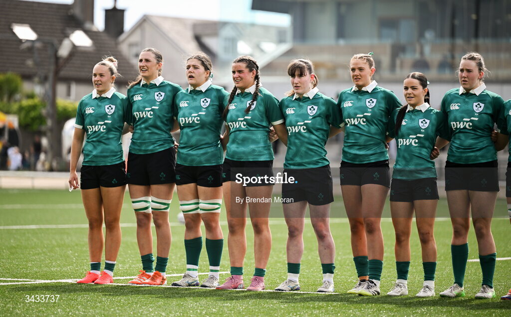18 April 2026; Ireland players stand for the national anthem before the Women's U21 Six Nations Series match between Ireland and Italy at Dexcom Stadium in Galway. Photo by Brendan Moran/Sportsfile