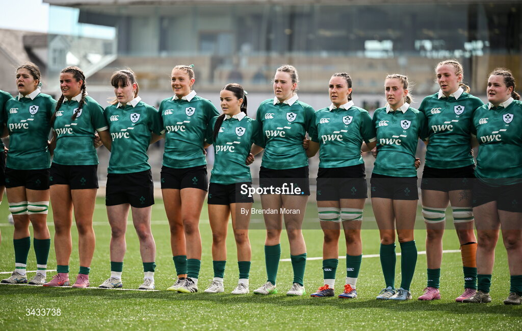 18 April 2026; Ireland players stand for the national anthem before the Women's U21 Six Nations Series match between Ireland and Italy at Dexcom Stadium in Galway. Photo by Brendan Moran/Sportsfile