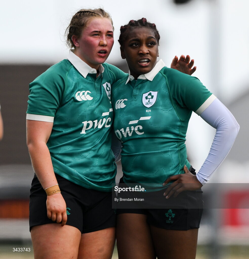 18 April 2026; Ella Burns, left, and Chisom Ugwueru of Ireland during the Women's U21 Six Nations Series match between Ireland and Italy at Dexcom Stadium in Galway. Photo by Brendan Moran/Sportsfile