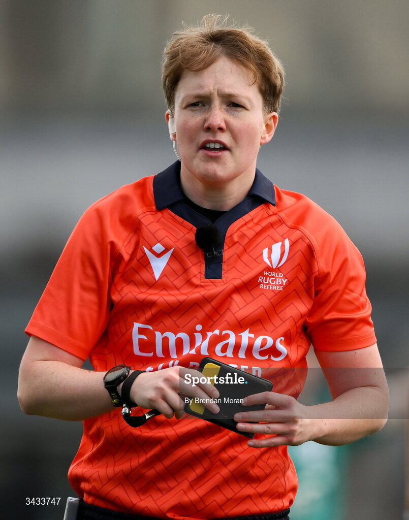 18 April 2026; Referee Amber Stamp-Dunstan during the Women's U21 Six Nations Series match between Ireland and Italy at Dexcom Stadium in Galway. Photo by Brendan Moran/Sportsfile