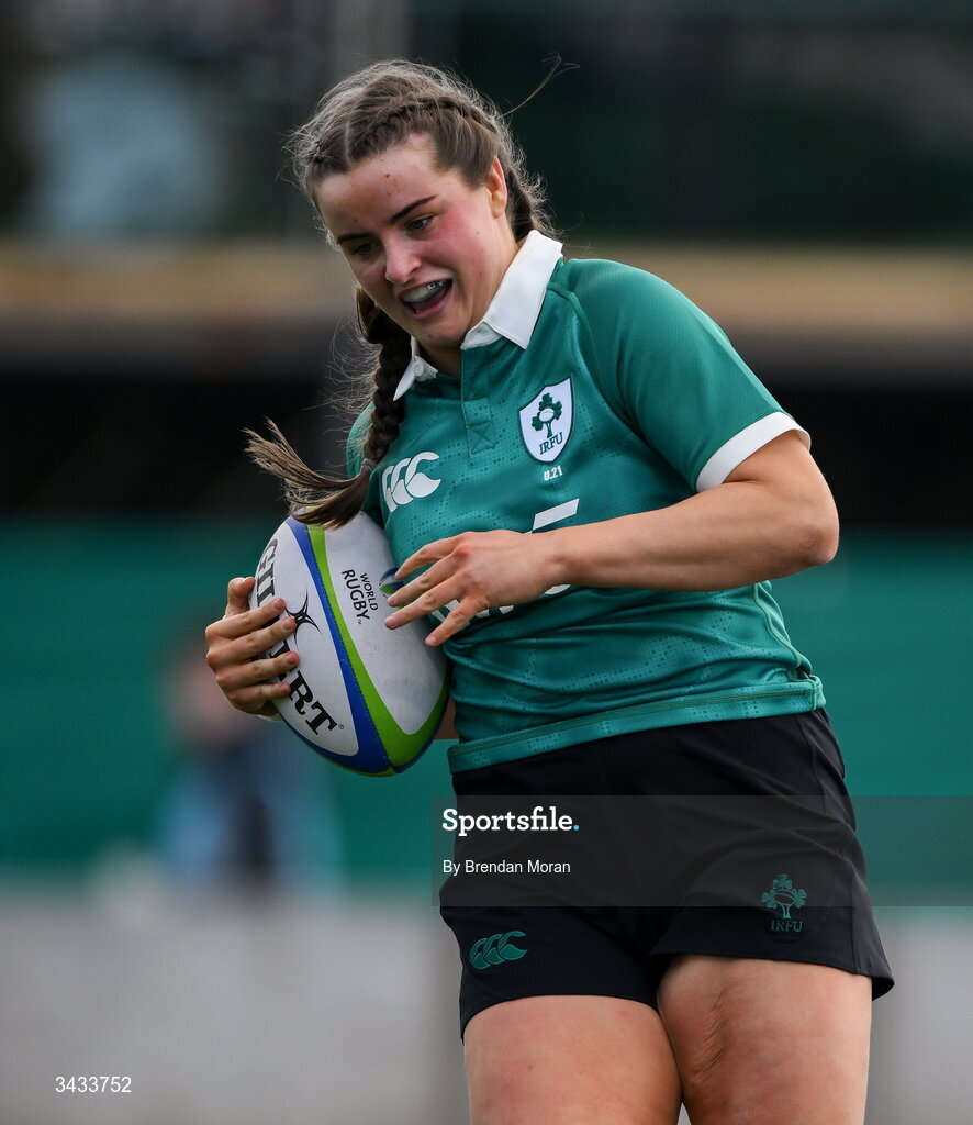 18 April 2026; Katie Corrigan of Ireland during the Women's U21 Six Nations Series match between Ireland and Italy at Dexcom Stadium in Galway. Photo by Brendan Moran/Sportsfile