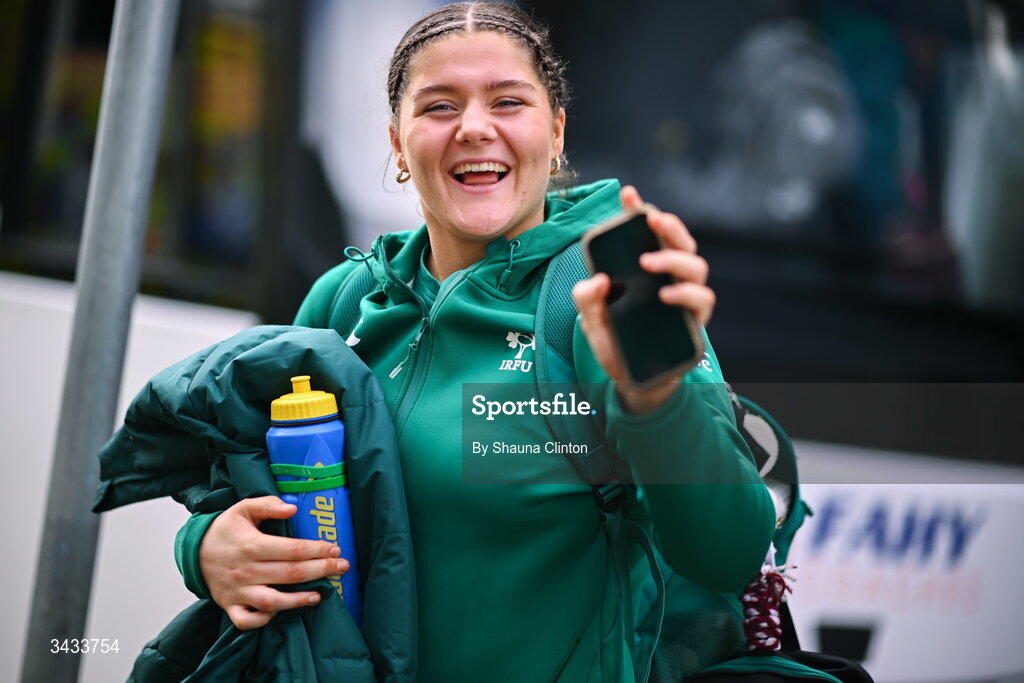 18 April 2026; Jemima Adams Verling of Ireland arrives ahead of the Women's U21 Six Nations Series match between Ireland and Italy at Dexcom Stadium in Galway. Photo by Shauna Clinton/Sportsfile