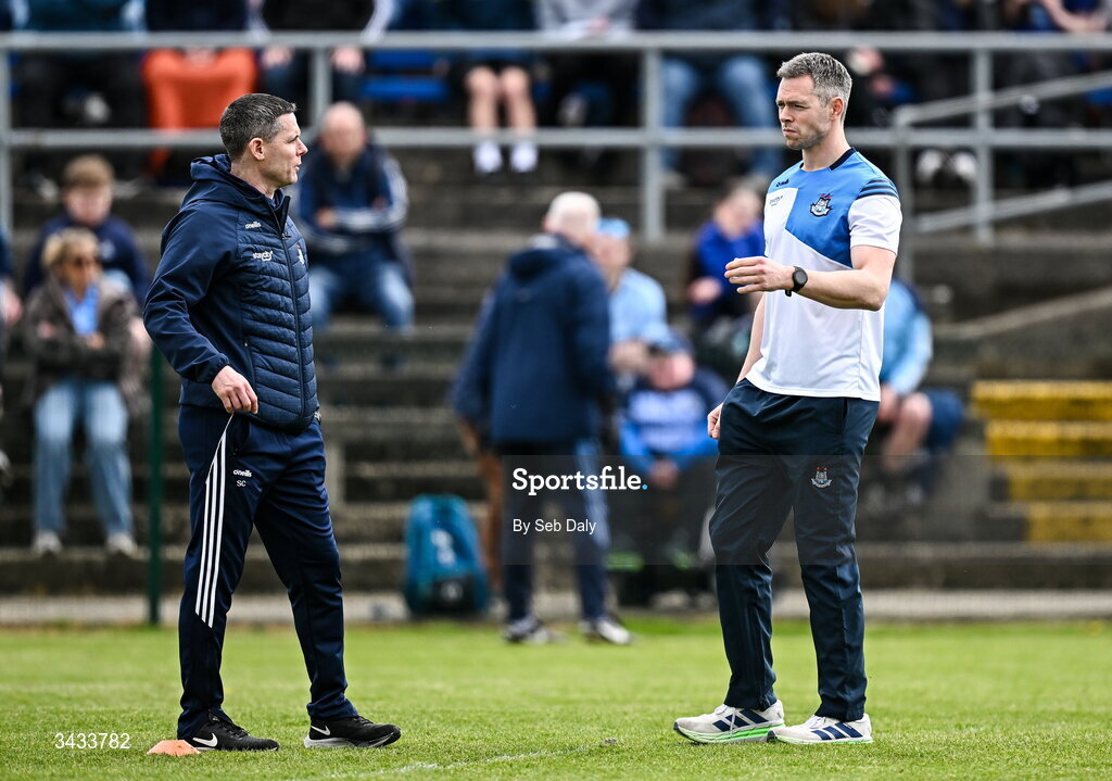 19 April 2026; Dublin selector Dean Rock, right, and coach Stephen Cluxton before the Leinster GAA Football Senior Championship quarter-final match between Wicklow and Dublin at Echelon Park in Aughrim in Wicklow. Photo by Seb Daly/Sportsfile