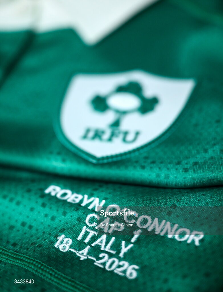 18 April 2026; The jersey of Robyn O'Connor of Ireland is seen hanging in the dressing-room before the Women's Six Nations Rugby Championship match between Ireland and Italy at Dexcom Stadium in Galway. Photo by Shauna Clinton/Sportsfile