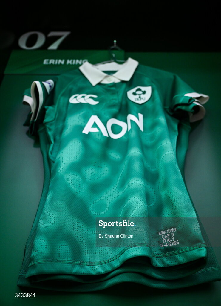 18 April 2026; The jersey of Ireland captain Erin King is seen hanging in the dressing-room before the Women's Six Nations Rugby Championship match between Ireland and Italy at Dexcom Stadium in Galway. Photo by Shauna Clinton/Sportsfile