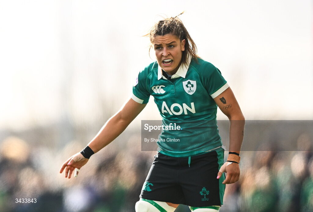18 April 2026; Erin King of Ireland during the Women's Six Nations Rugby Championship match between Ireland and Italy at Dexcom Stadium in Galway. Photo by Shauna Clinton/Sportsfile