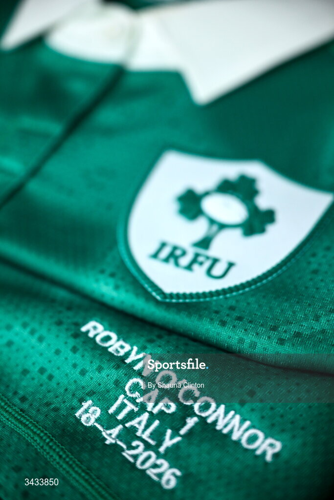 18 April 2026; The jersey of Robyn O'Connor of Ireland is seen hanging in the dressing-room before the Women's Six Nations Rugby Championship match between Ireland and Italy at Dexcom Stadium in Galway. Photo by Shauna Clinton/Sportsfile