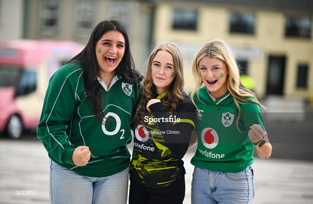 18 April 2026; Ireland supporters, from left, Maeve Downes, Leah Flahavin and Katie Foley ahead of the Women's Six Nations Rugby Championship match between Ireland and Italy at Dexcom Stadium in Galway. Photo by Shauna Clinton/Sportsfile