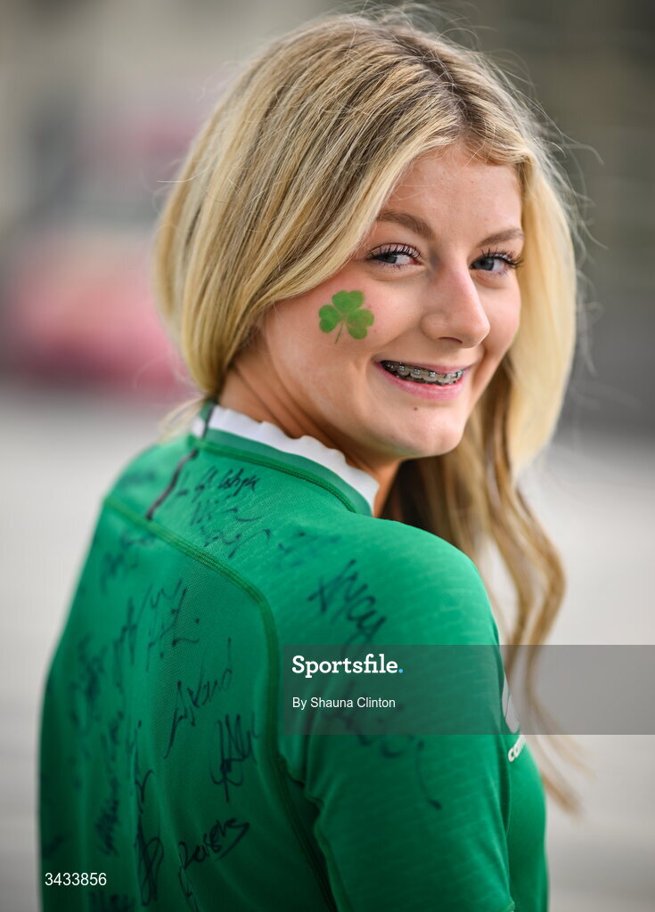 18 April 2026; Ireland supporter Katie Foley ahead of the Women's Six Nations Rugby Championship match between Ireland and Italy at Dexcom Stadium in Galway. Photo by Shauna Clinton/Sportsfile
