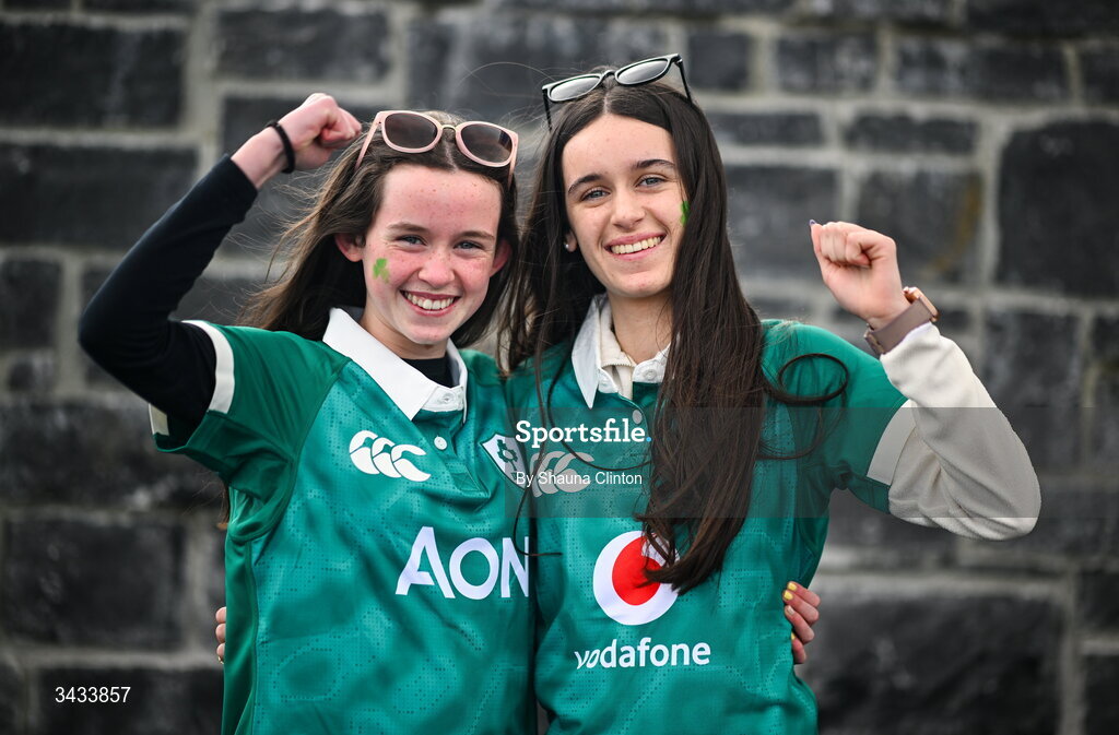 18 April 2026; Ireland supporters Maisie, left, and Isabel Lally ahead of the Women's Six Nations Rugby Championship match between Ireland and Italy at Dexcom Stadium in Galway. Photo by Shauna Clinton/Sportsfile