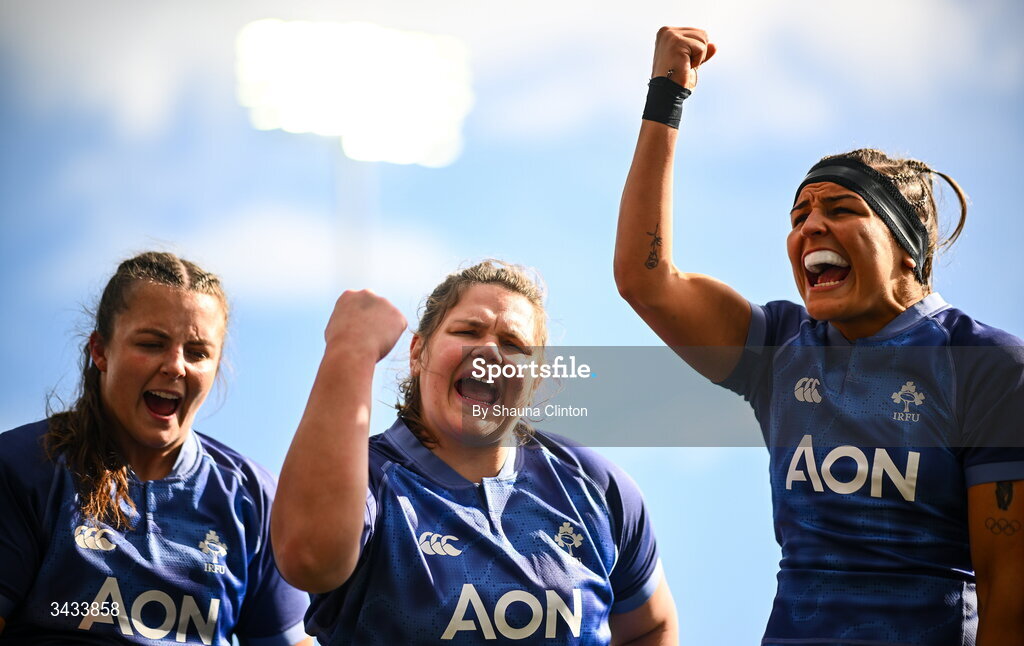 18 April 2026; Ireland players, from left, Brittany Hogan, Ellena Perry and Erin King before the Women's Six Nations Rugby Championship match between Ireland and Italy at Dexcom Stadium in Galway. Photo by Shauna Clinton/Sportsfile