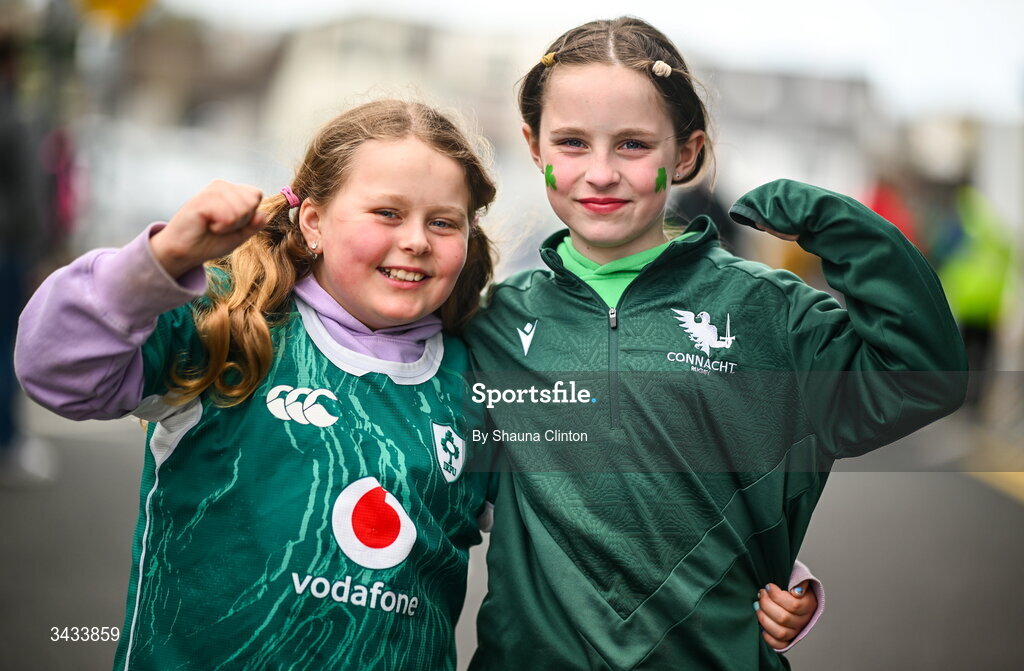 18 April 2026; Ireland supporters Maddie Staunton, left, and Mary Ward ahead of the Women's Six Nations Rugby Championship match between Ireland and Italy at Dexcom Stadium in Galway. Photo by Shauna Clinton/Sportsfile
