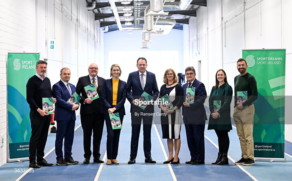 21 April 2026; Attendees, from left to right, Peter Sherrard, Chief Executive, Olympic Federation of Ireland; Sport Ireland Institute director Liam Harbison; Paul McDermott, Sport Ireland Director of High Performance and National Governing Bodies; Deirdre Ryan, Chair of the High Performance Committee; Minister of State with special responsibility for Sport and Postal Policy Charlie McConalogue; Sport Ireland CEO Dr Úna May; Sport Ireland Chairperson John Foley; Niamh O’Sullivan, Sport Ireland Director of High Performance; and Stephen McNamara, Chief Executive, Paralympics Ireland; pictured at the High Performance Sport Investment announcement at the Sport Ireland Institute on the Sport Ireland National Sports Campus in Dublin. Photo by Ramsey Cardy/Sportsfile