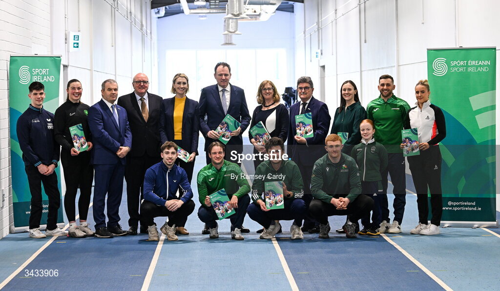 21 April 2026; Attendees, from left to right, front row, para table tennis player Patrick Vaughn; boxer Lisa O'Rourke; Sport Ireland Institute director Liam Harbison; Deirdre Ryan, Chair of the High Performance Committee; Minister of State with special responsibility for Sport and Postal Policy Charlie McConalogue; Sport Ireland CEO Dr Úna May; Sport Ireland Chairperson John Foley; Niamh O’Sullivan, Sport Ireland Director of High Performance; Canoe slalom athlete Jake Cochrane; and badminton player Sophia Noble. Front row, from left to right, Badminton player Scott Guildea; Canoeist Noel Hendrick; clay target shooter Jack Fairclough; judoka Bearach Gleeson and para swimmer Dearbhaile Brady; pictured at the High Performance Sport Investment announcement at the Sport Ireland Institute on the Sport Ireland National Sports Campus in Dublin. Photo by Ramsey Cardy/Sportsfile