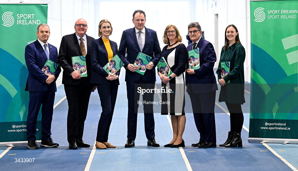 21 April 2026; Attendees, from left to right, Sport Ireland Institute director Liam Harbison; Paul McDermott, Sport Ireland Director of High Performance and National Governing Bodies; Deirdre Ryan, Chair of the High Performance Committee; Minister of State with special responsibility for Sport and Postal Policy Charlie McConalogue; Sport Ireland CEO Dr Úna May; Sport Ireland Chairperson John Foley; Niamh O’Sullivan, Sport Ireland Director of High Performance; pictured at the High Performance Sport Investment announcement at the Sport Ireland Institute on the Sport Ireland National Sports Campus in Dublin. Photo by Ramsey Cardy/Sportsfile