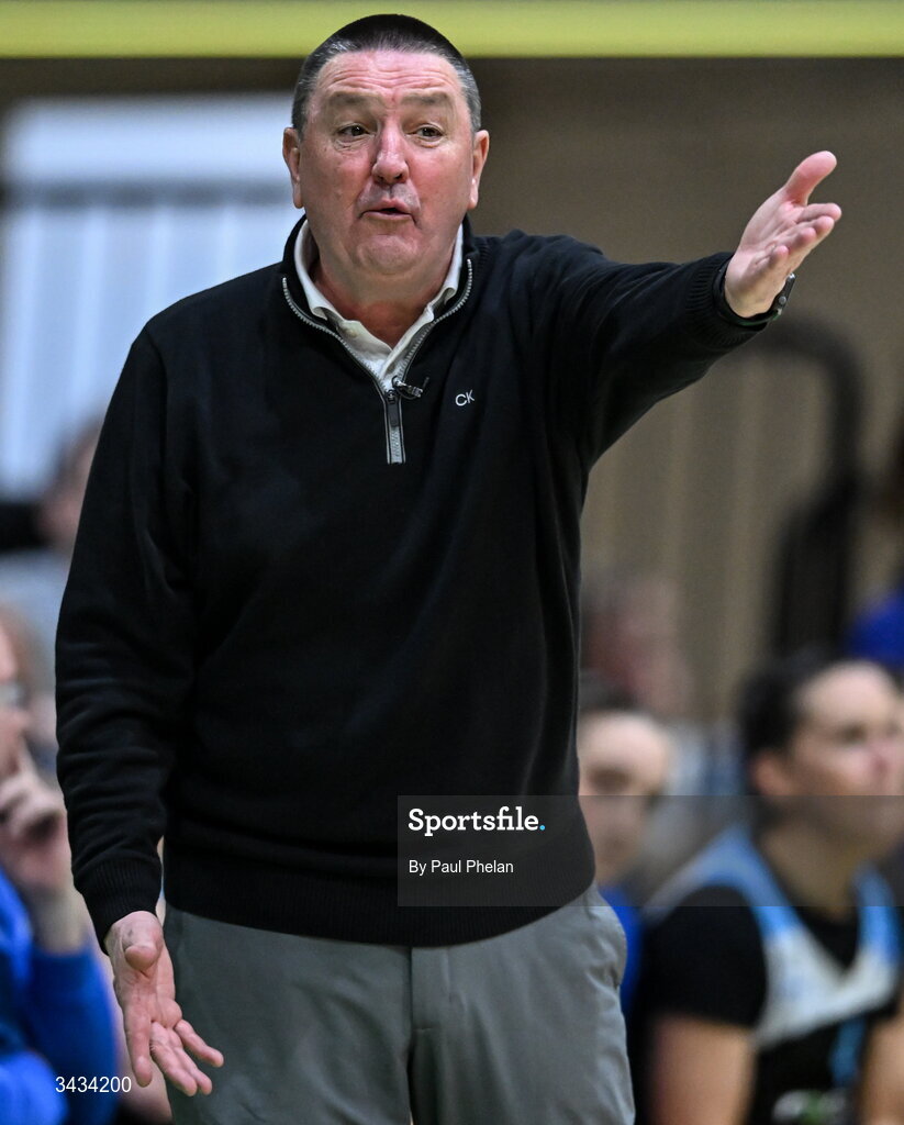 12 April 2026; UCC Glanmire head coach Mark Scannell reacts during the Basketball Ireland Women's Superleague final match between Trinity Meteors and UCC Glanmire at the National Basketball Arena in Tallaght, Dublin. Photo by Paul Phelan/Sportsfile