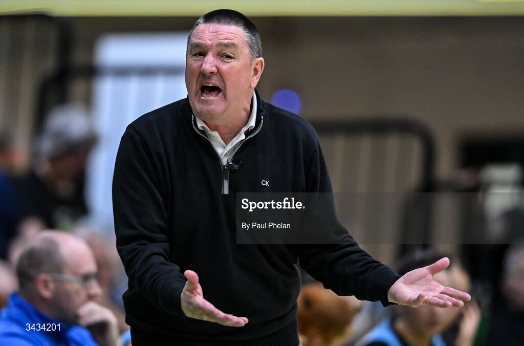 12 April 2026; UCC Glanmire head coach Mark Scannell reacts during the Basketball Ireland Women's Superleague final match between Trinity Meteors and UCC Glanmire at the National Basketball Arena in Tallaght, Dublin. Photo by Paul Phelan/Sportsfile