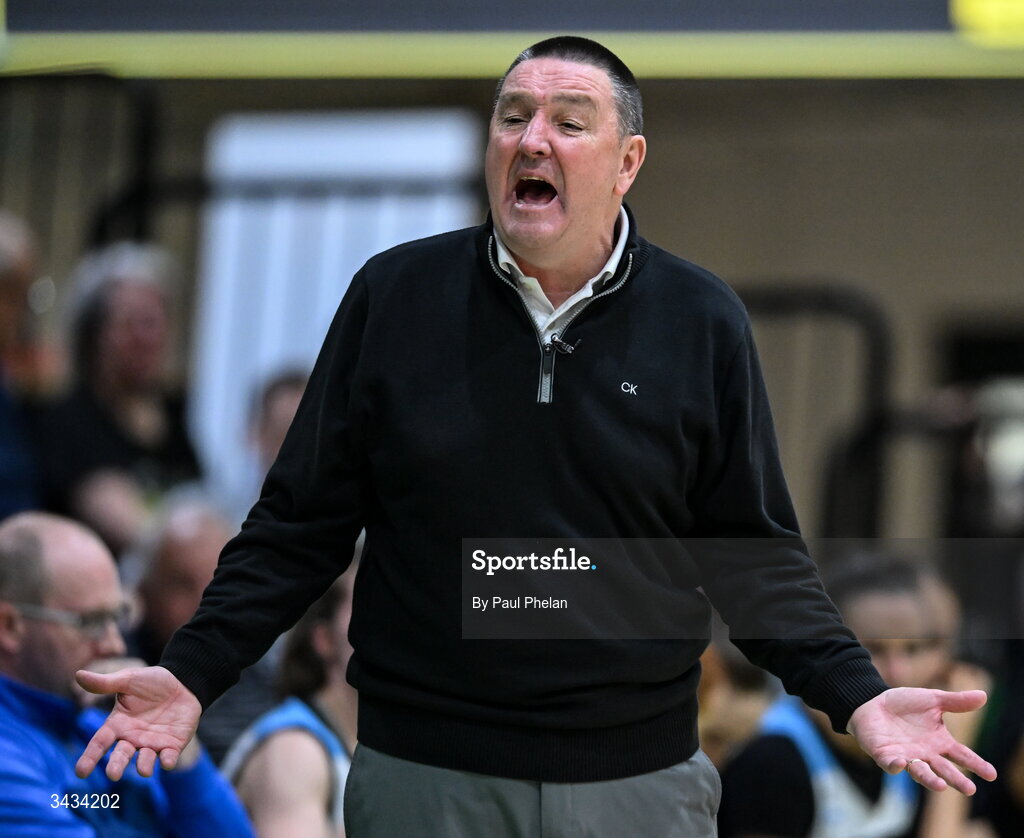 12 April 2026; UCC Glanmire head coach Mark Scannell reacts during the Basketball Ireland Women's Superleague final match between Trinity Meteors and UCC Glanmire at the National Basketball Arena in Tallaght, Dublin. Photo by Paul Phelan/Sportsfile