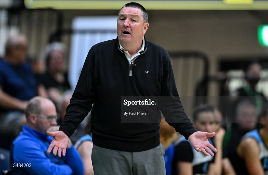12 April 2026; UCC Glanmire head coach Mark Scannell reacts during the Basketball Ireland Women's Superleague final match between Trinity Meteors and UCC Glanmire at the National Basketball Arena in Tallaght, Dublin. Photo by Paul Phelan/Sportsfile