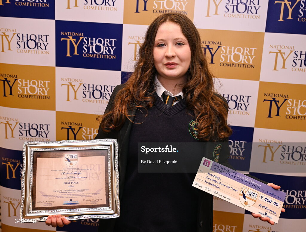 22 April 2026; National TY Short Story Competition winner Rachael McGee of Crana College, Buncrana, Co Donegal, author of 'Flour', poses with her certificate during the 3rd National TY Short Story Competition award ceremony at Buswells Hotel in Dublin. Photo by David Fitzgerald/Sportsfile