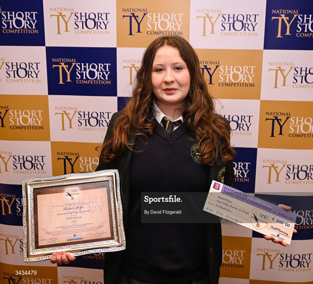 22 April 2026; National TY Short Story Competition winner Rachael McGee of Crana College, Buncrana, Co Donegal, author of 'Flour', poses with her certificate during the 3rd National TY Short Story Competition award ceremony at Buswells Hotel in Dublin. Photo by David Fitzgerald/Sportsfile