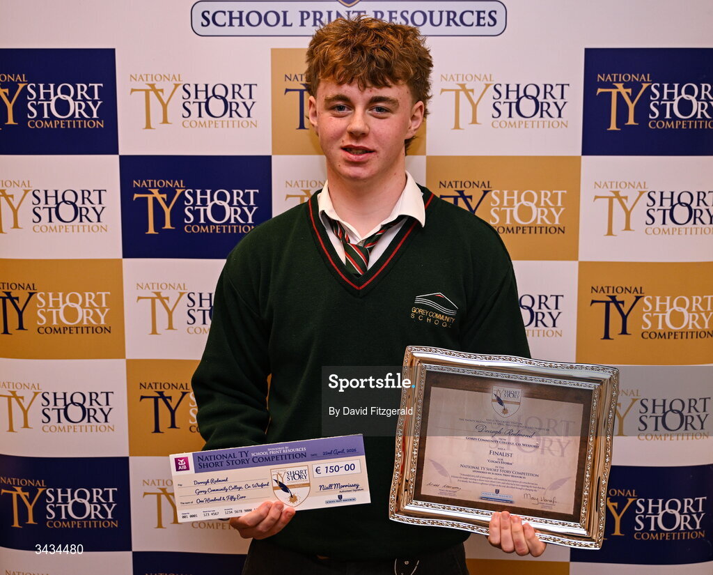 22 April 2026; National TY Short Story Competition finalist Darragh Redmond of Gorey Community College, Co Wexford, author of 'Colm's Storm', poses with his certificate during the 3rd National TY Short Story Competition award ceremony at Buswells Hotel in Dublin. Photo by David Fitzgerald/Sportsfile