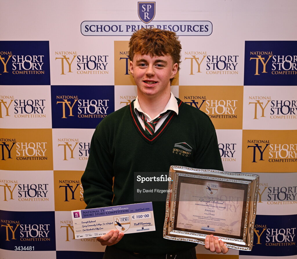 22 April 2026; National TY Short Story Competition finalist Darragh Redmond of Gorey Community College, Co Wexford, author of 'Colm's Storm', poses with his certificate during the 3rd National TY Short Story Competition award ceremony at Buswells Hotel in Dublin. Photo by David Fitzgerald/Sportsfile