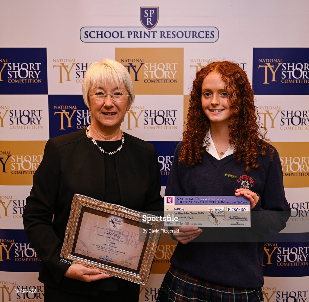 22 April 2026; National TY Short Story Competition finalist Sadhbh King of Our Lady's School, Terenure, Co Dublin, author of 'In the Nick of Time', poses with her certificate alongside Former Minister for Education and Youth of Ireland Mary Hanafin during the 3rd National TY Short Story Competition award ceremony at Buswells Hotel in Dublin. Photo by David Fitzgerald/Sportsfile